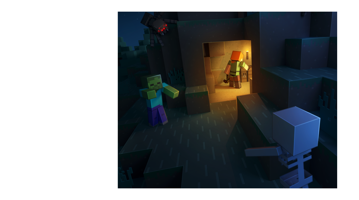 Steve and Alex mining in an underground cave with ores, rails, and warm lighting
